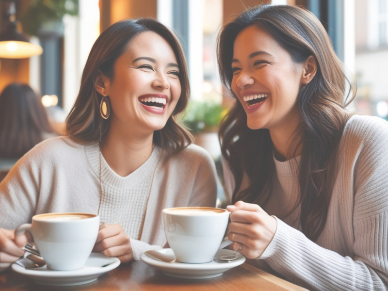 明るい日差しのカフェで女性。2人が片手にコーヒーを持ちながら笑顔で笑い合っている。とても親密な感じで見ている。私も幸せな気持ちになる。