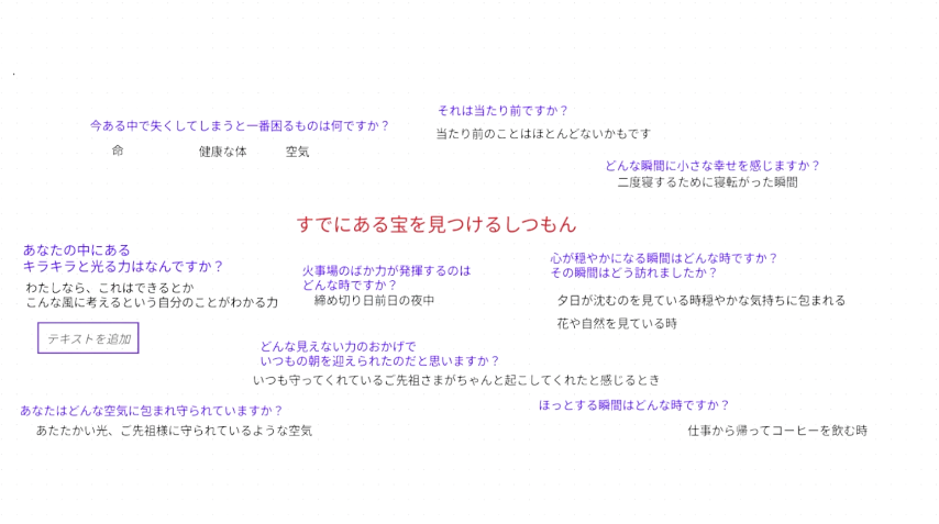 既にある宝を見つける質問をつくりました。たくさんの質問が並んでいて、どれも答えると自分の本心に触れることができ、自分を深く知る時間になりました。そんな質問と答えが並んでいます。
