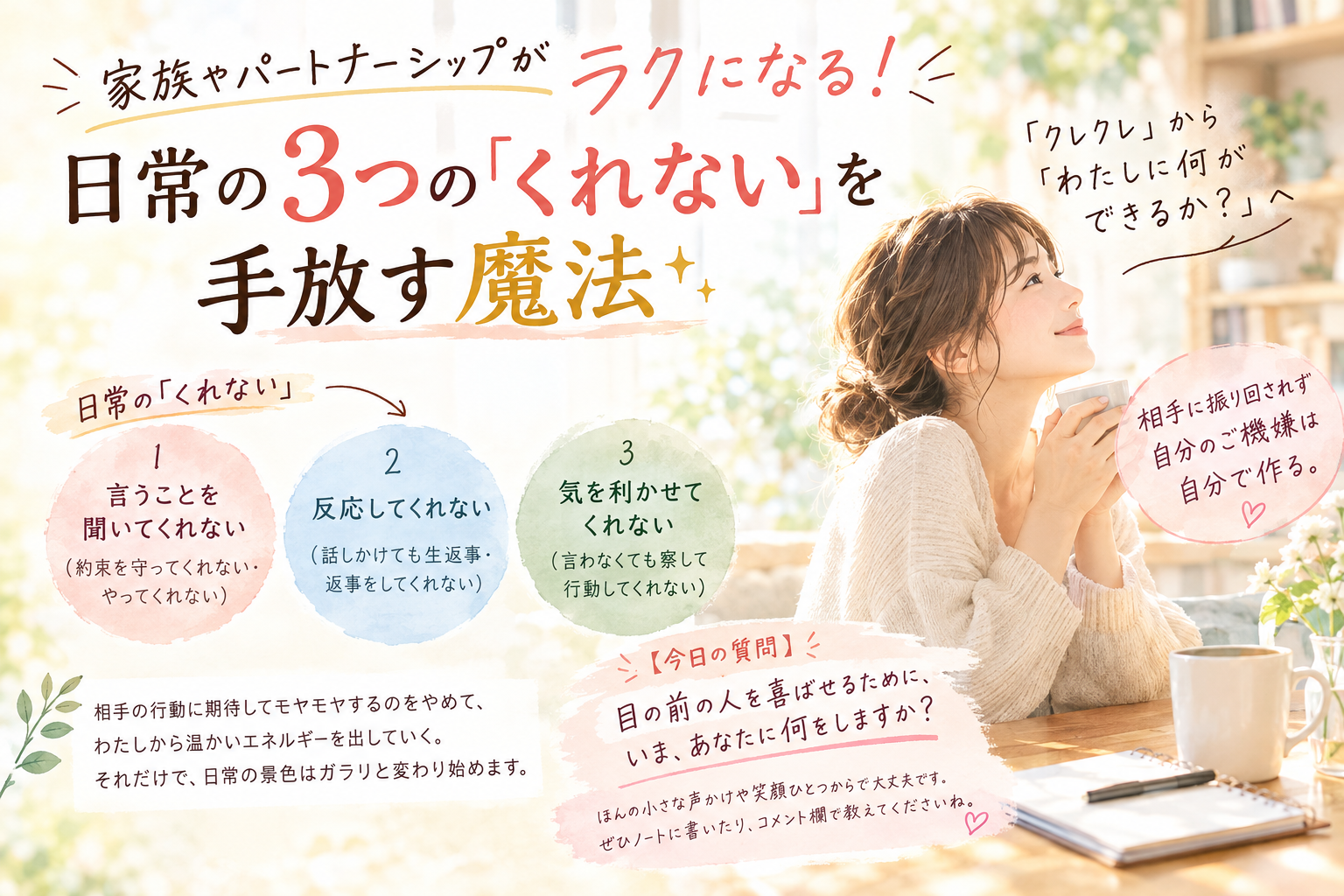 投稿についてもっと詳しく 家族やパートナーシップがラクになる！日常の3つの「くれない」を手放す魔法